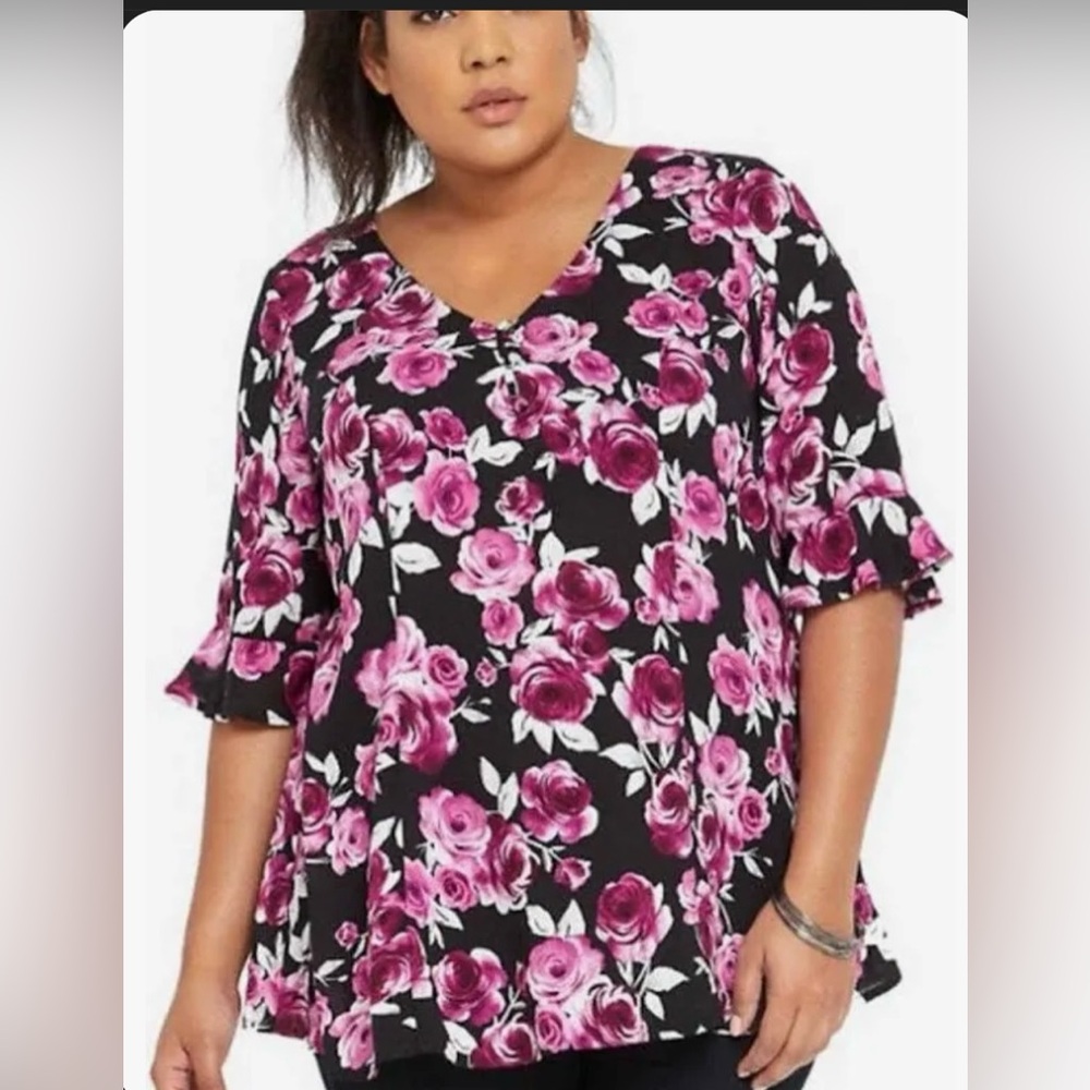 Torrid Black and Purple Ruffled 3/4 Sleeve Blouse